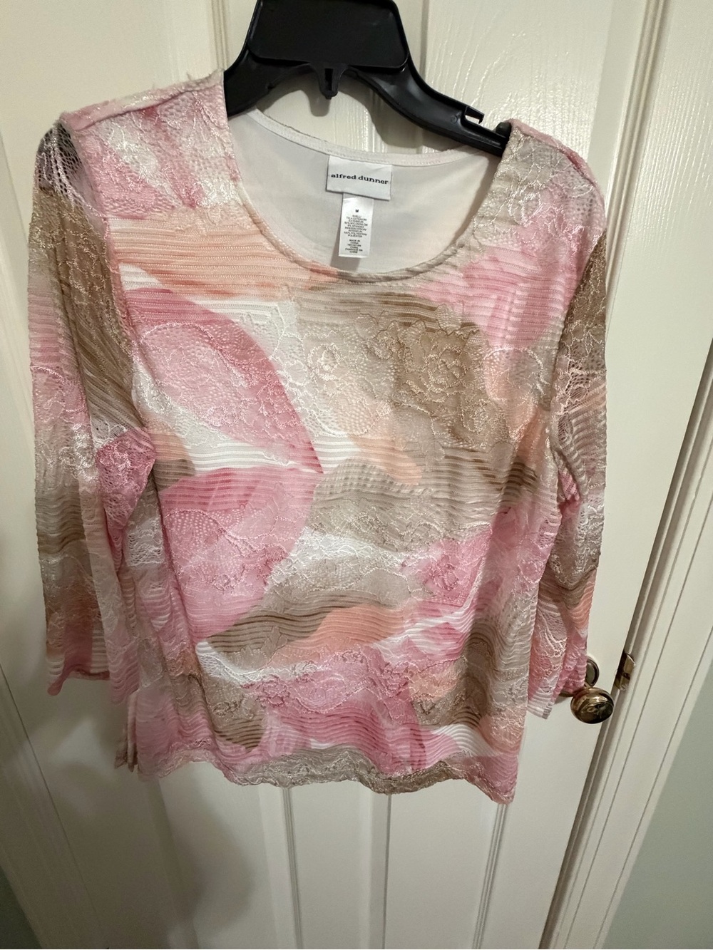 Alfred Dunner Pink and Tan Lace-Overlay Long Sleeve Top